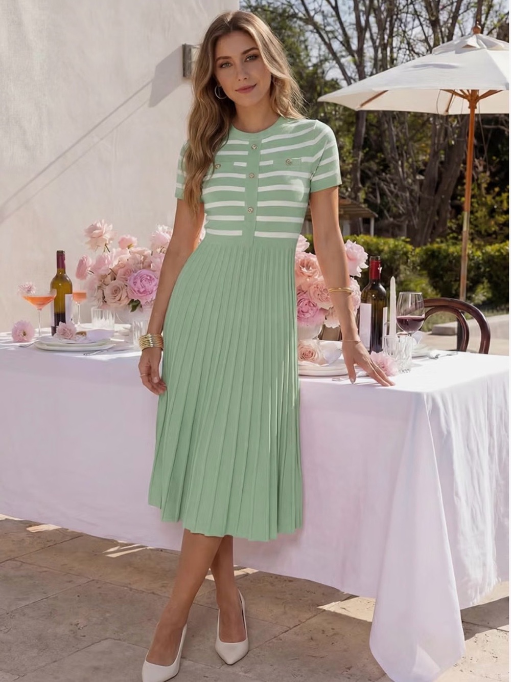 Zesica Mint Green Striped Knit Pleated Midi Dress Size Medium